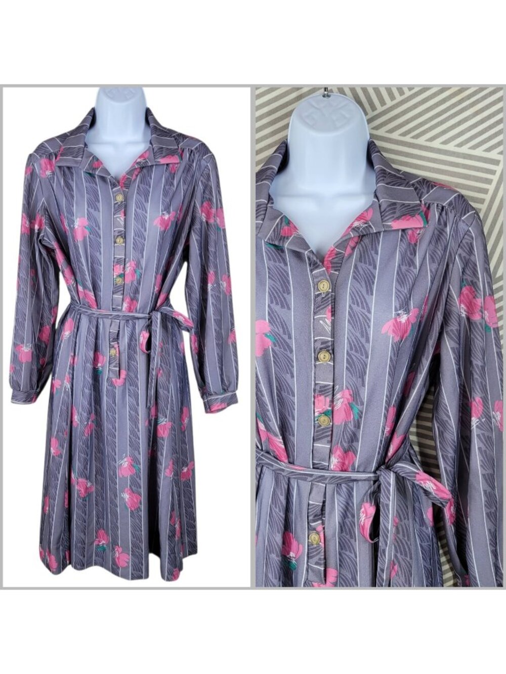 Vintage 70s Floral Shirt Dress Size Medium Large Midi Tie Waist Pink Grey Button